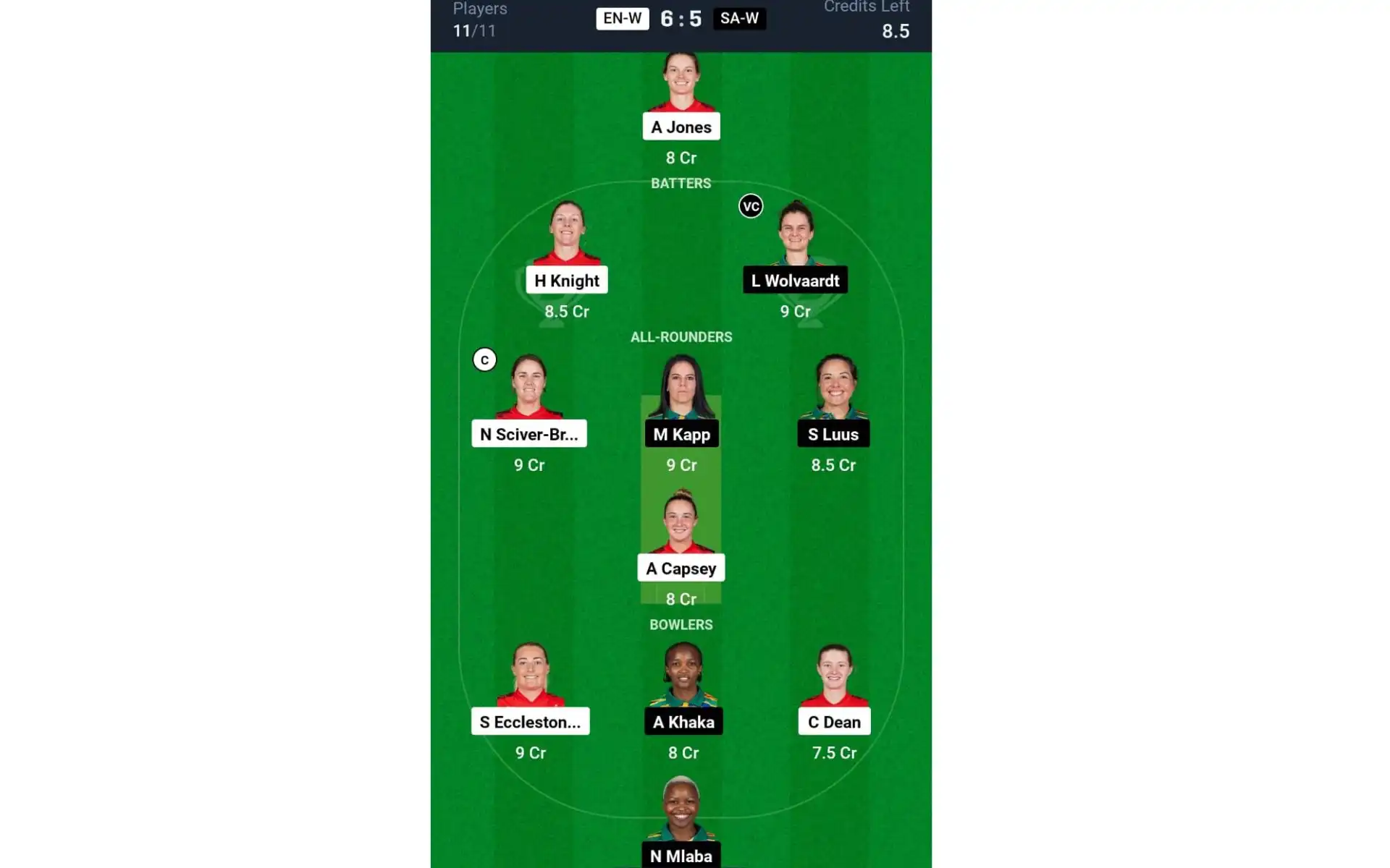 EN-W vs SA-W, Women's T20 World Cup 2024: Dream11 Team 1 [Source: @Dream11 App]