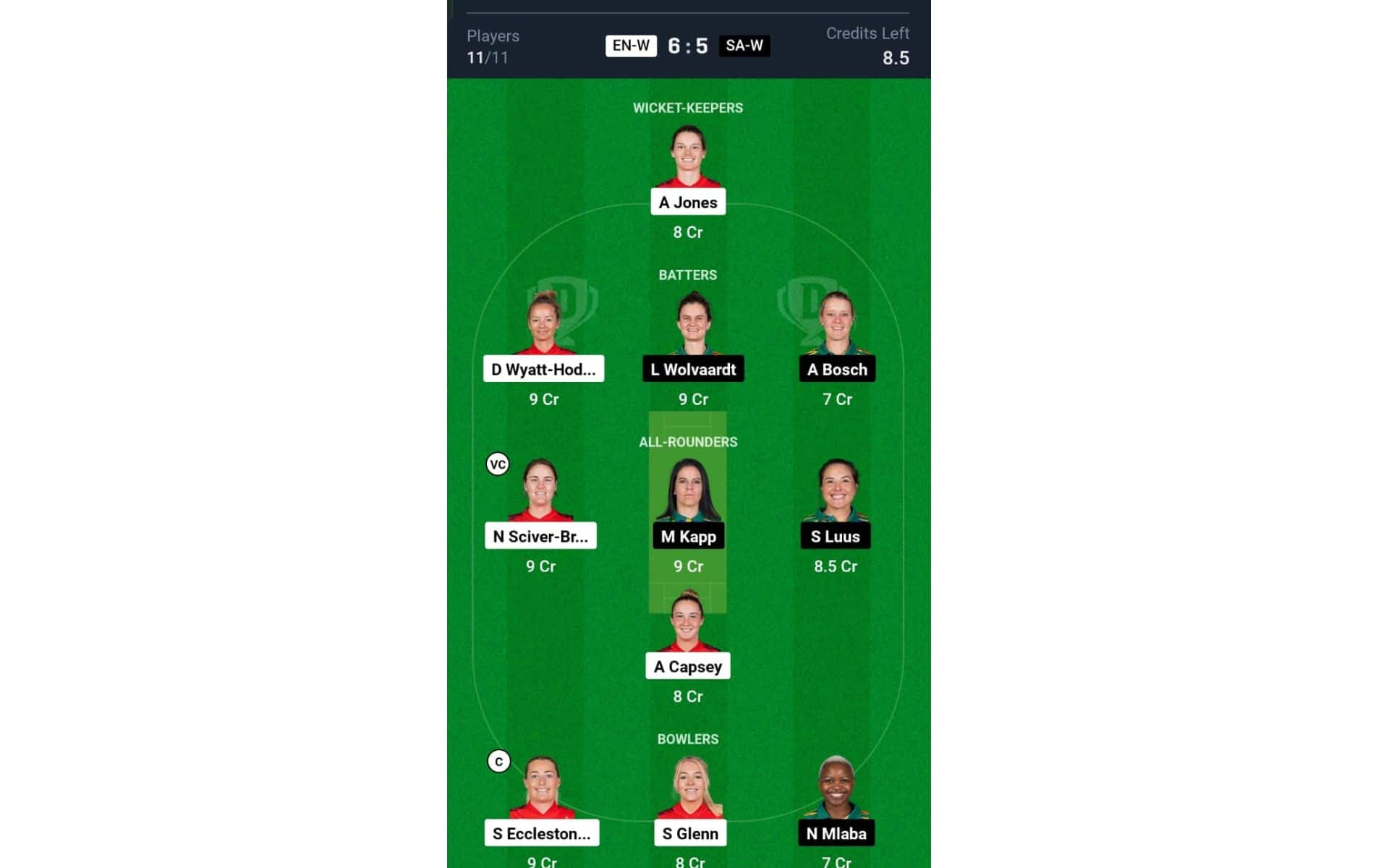 EN-W vs SA-W, Women's T20 World Cup 2024: Dream11 Team 1 [Source: @Dream11 App]