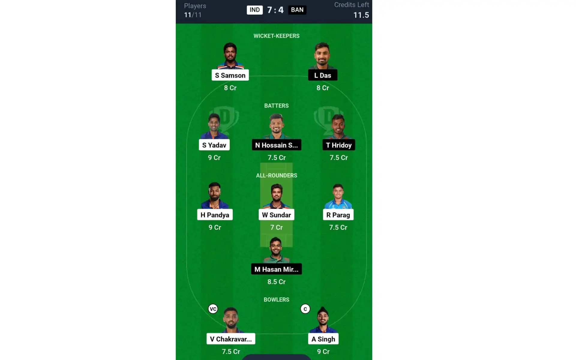 IND vs BAN, T20I series: Dream11 Team 1 [Source: @Dream11 App]