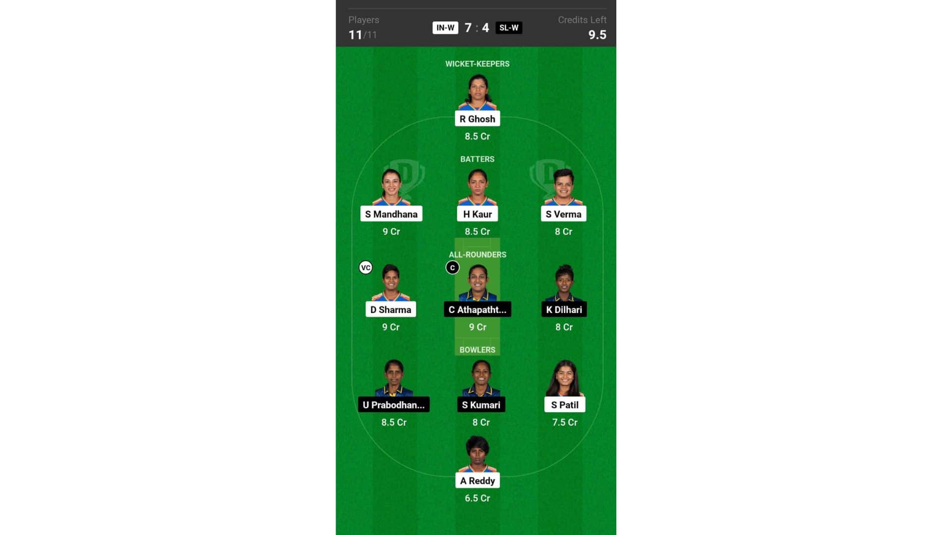 IN-W vs SL-W, Women's T20 World Cup 2024: Dream11 Team 1 [Source: @Dream11 App]