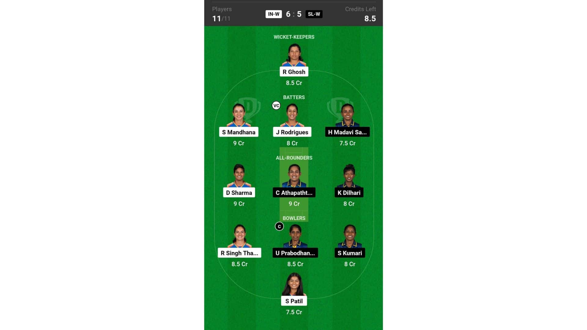 IN-W vs SL-W, Women's T20 World Cup 2024: Dream11 Team 1 [Source: @Dream11 App]