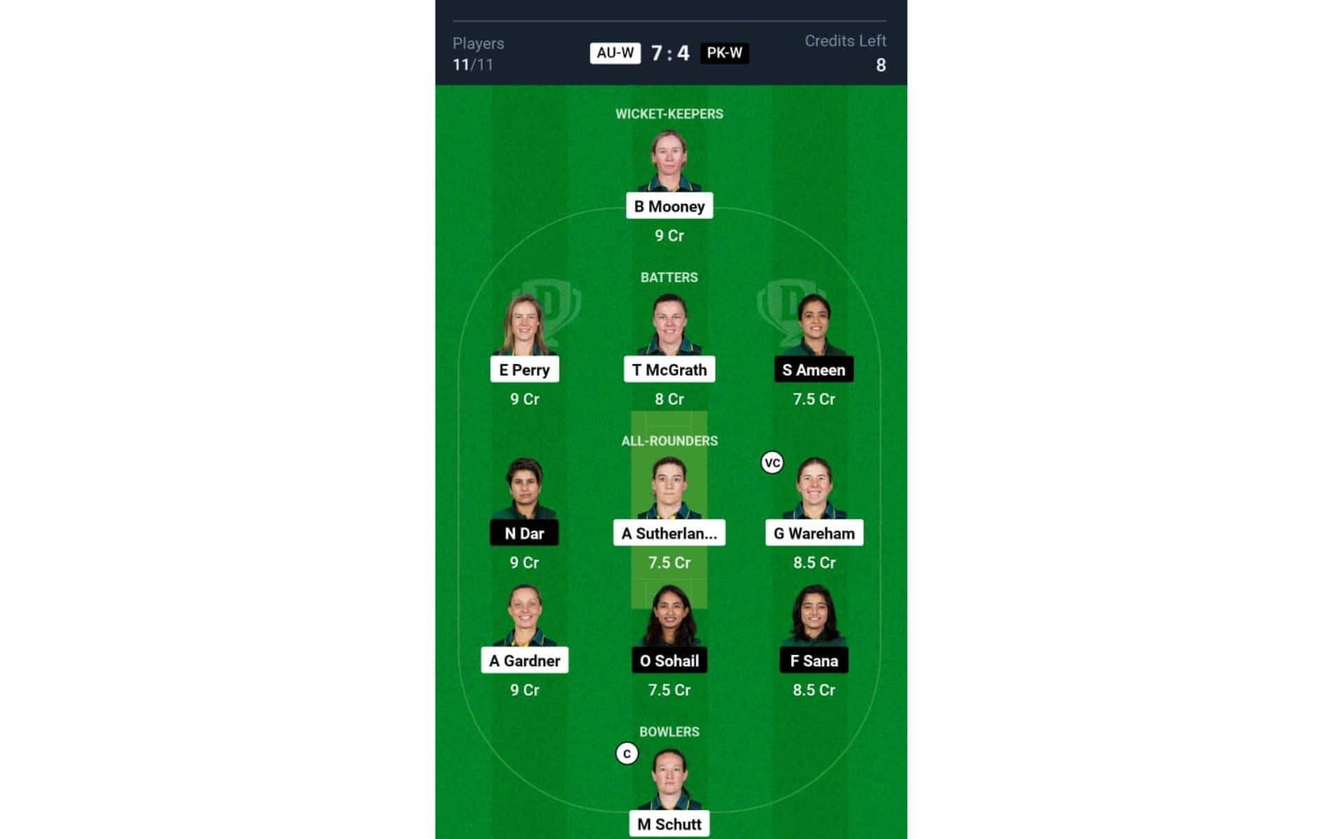 AU-W vs PK-W, Women's T20 World Cup 2024: Dream11 Team 1 [Source: @Dream11 App]