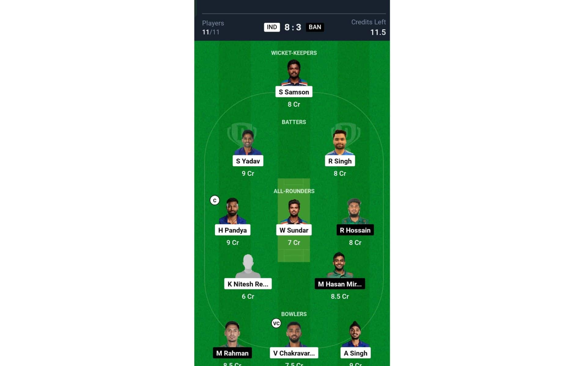 IND vs BAN, T20I series: Dream11 Team 1 [Source: @Dream11 App]