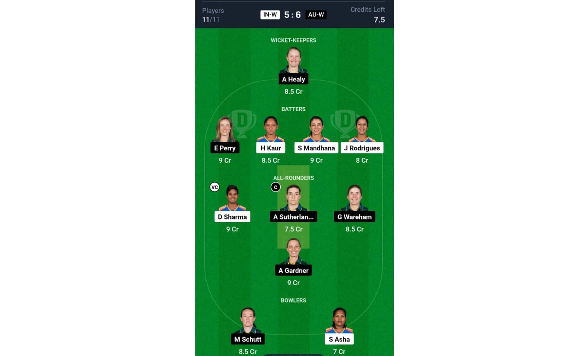 IN-W vs AU-W: Dream11 Team 1 [Source: @Dream11 App]