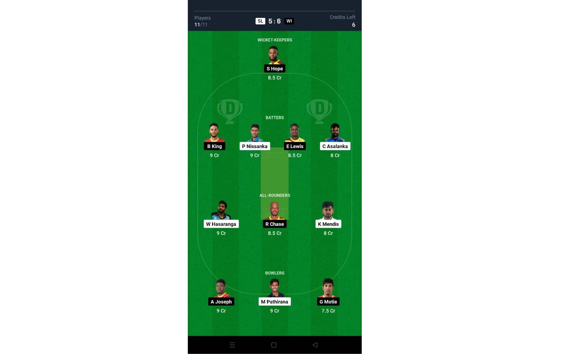 SL vs WI, T20I series: Dream11 Team 1 [Source: @Dream11 App]