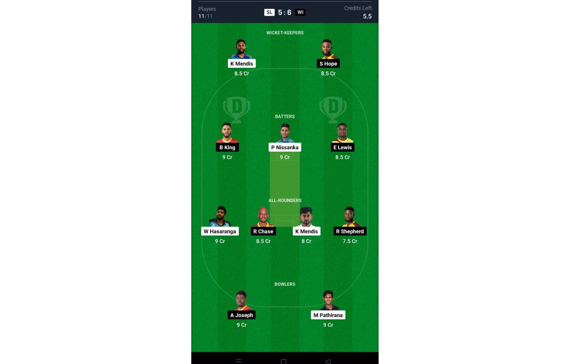 SL vs WI, T20I series: Dream11 Team 2 [Source: @Dream11 App]