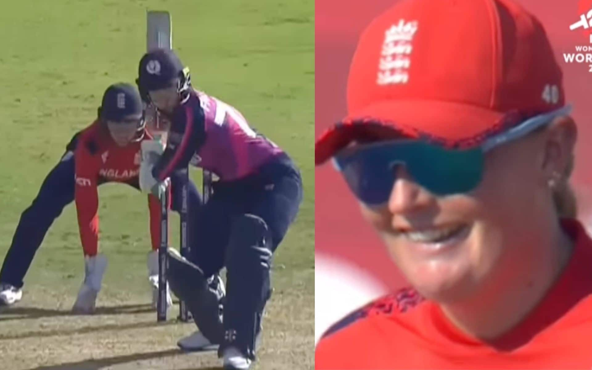 Katherine Fraser survived despite ball hitting the stumps vs ENG (Source: Screengrab@ICC/Instargram)