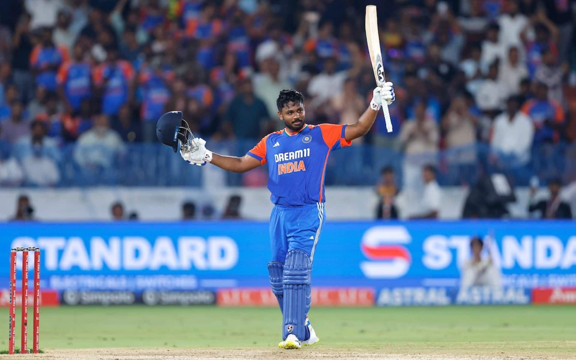 Sanju Samson after his century vs BAN (Source: @mufaddal_vohra/x.com)