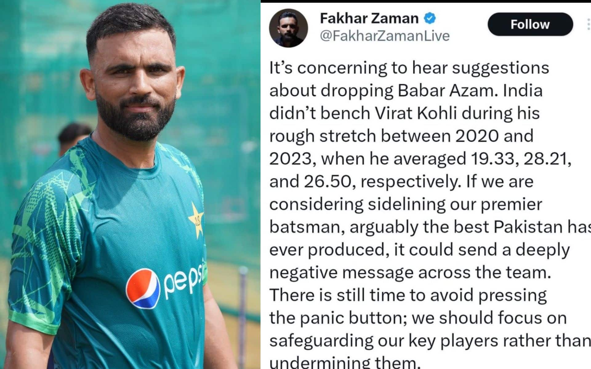 Fakhar Zaman's post for Babar Azam [Source: @FakharZamanLive/X.com]