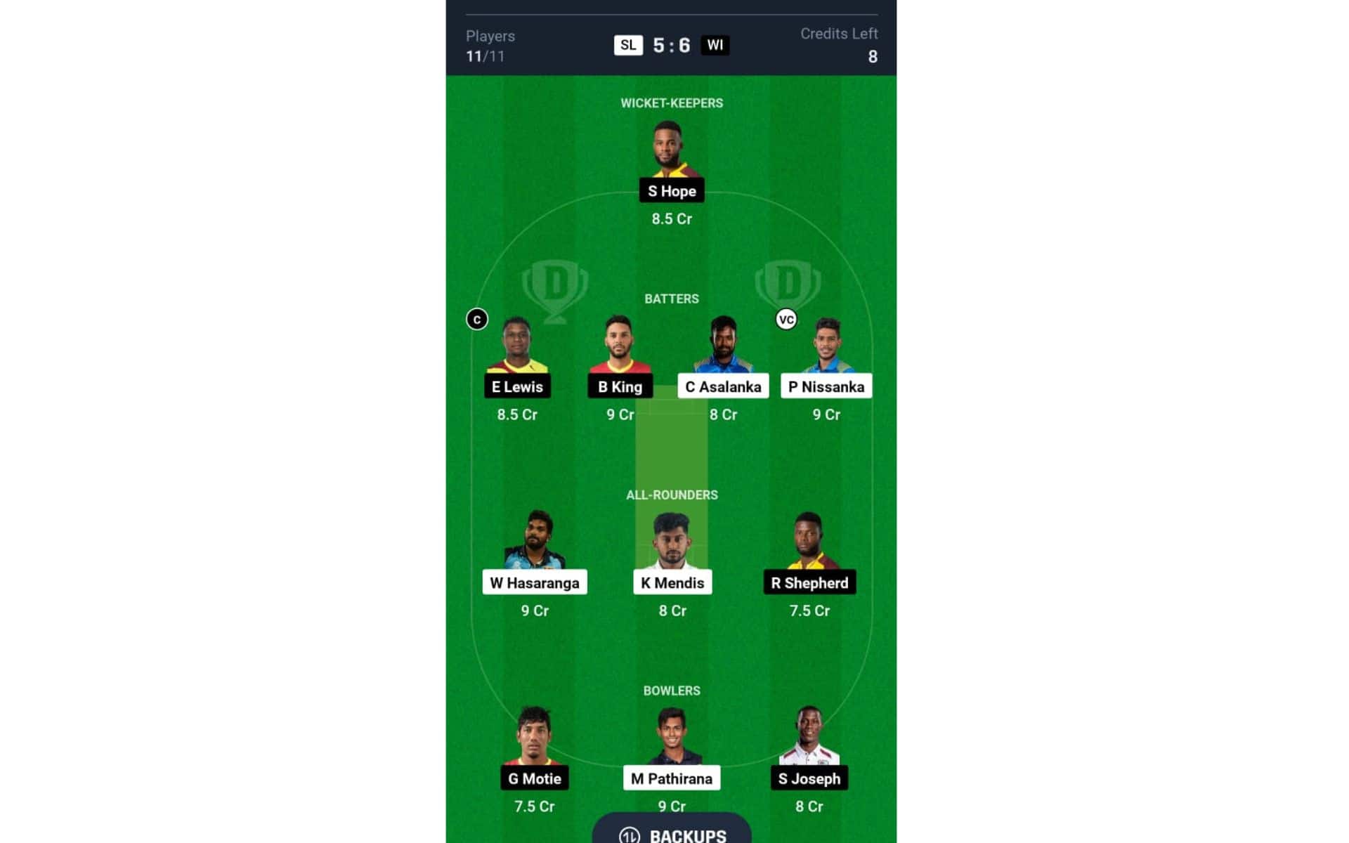 SL vs WI, 2nd T20I: Dream11 Team 1 [Source: @Dream11 App]