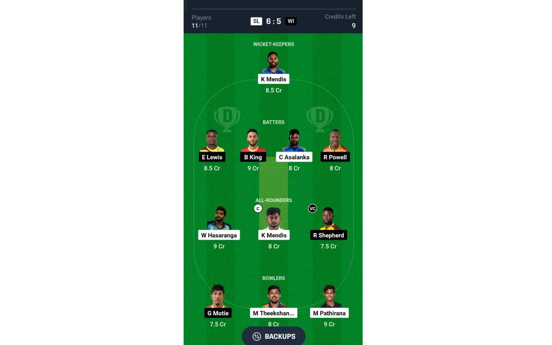 SL vs WI, 2nd T20I: Dream11 Team 2 [Source: @Dream11 App]