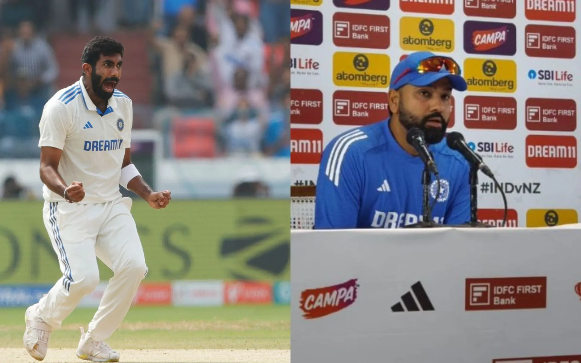 Jasprit Bumrah in action vs BAN, Rohit during the press conference (X.com/@BCCI)