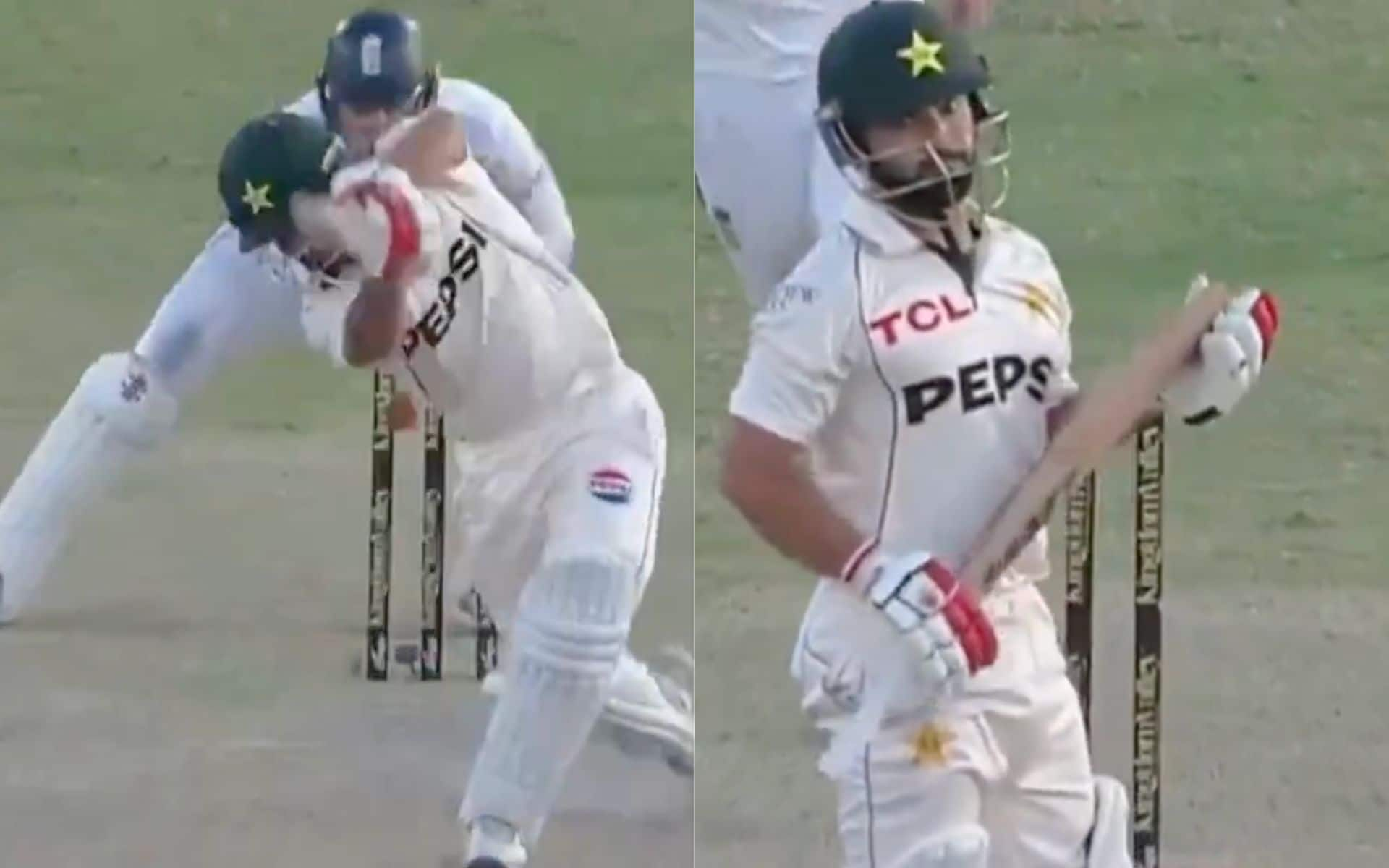 Kamran Ghulam cleaned up by Shoaib Bashir (Source:@kingdown_virat1/X.com)