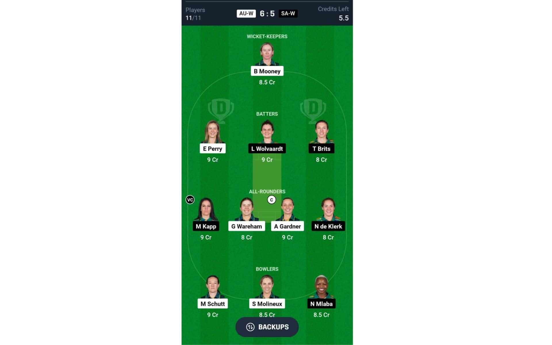 AU-W vs SA-W, Women's T20 World Cup 2024: Dream11 Team 1 [Source: @Dream11 App]