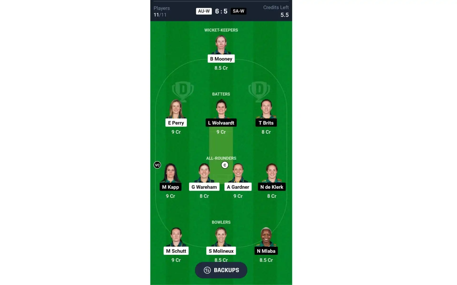 AU-W vs SA-W, Women's T20 World Cup 2024: Dream11 Team 1 [Source: @Dream11 App]