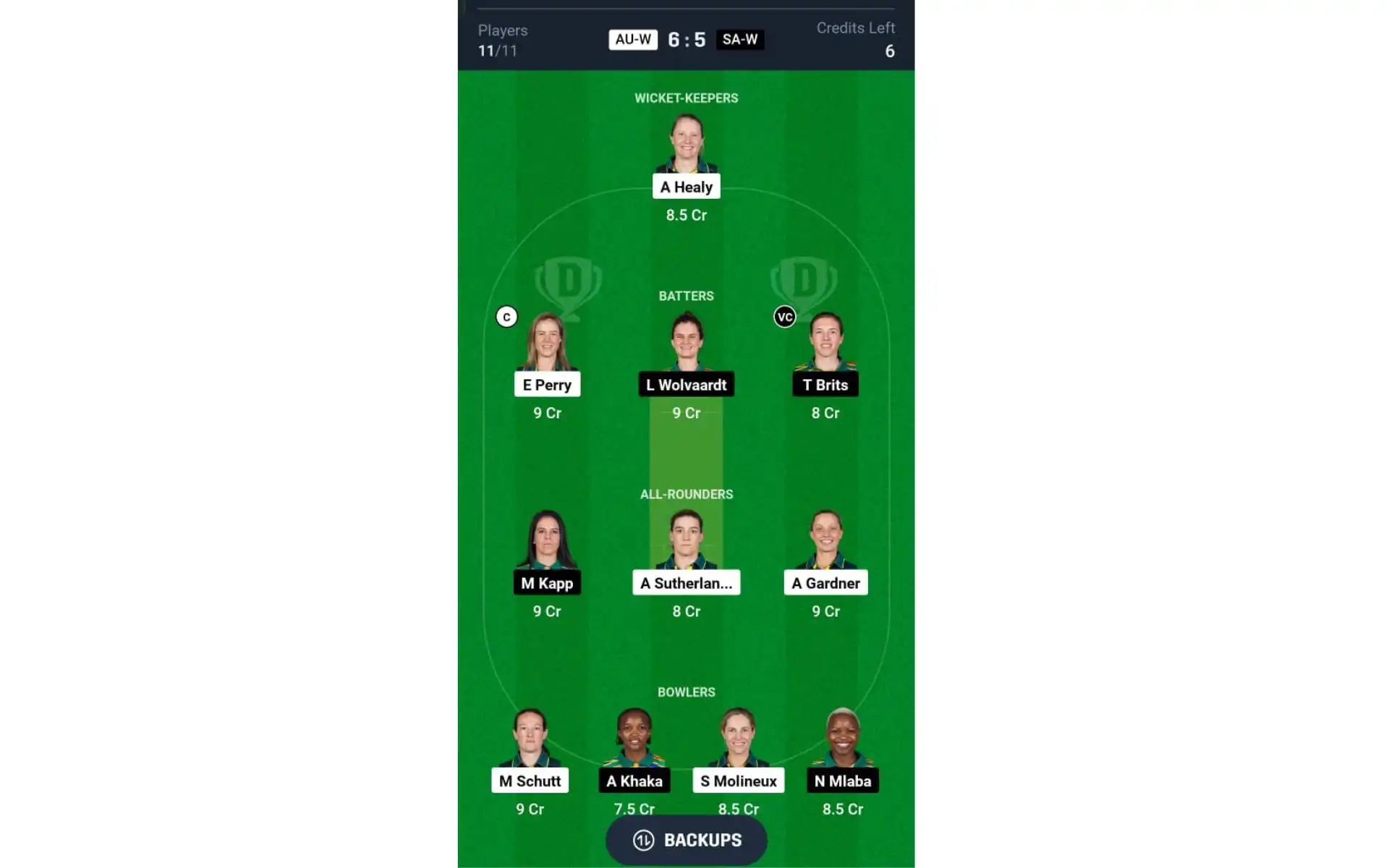 AU-W vs SA-W, Women's T20 World Cup 2024: Dream11 Team 1 [Source: @Dream11 App]