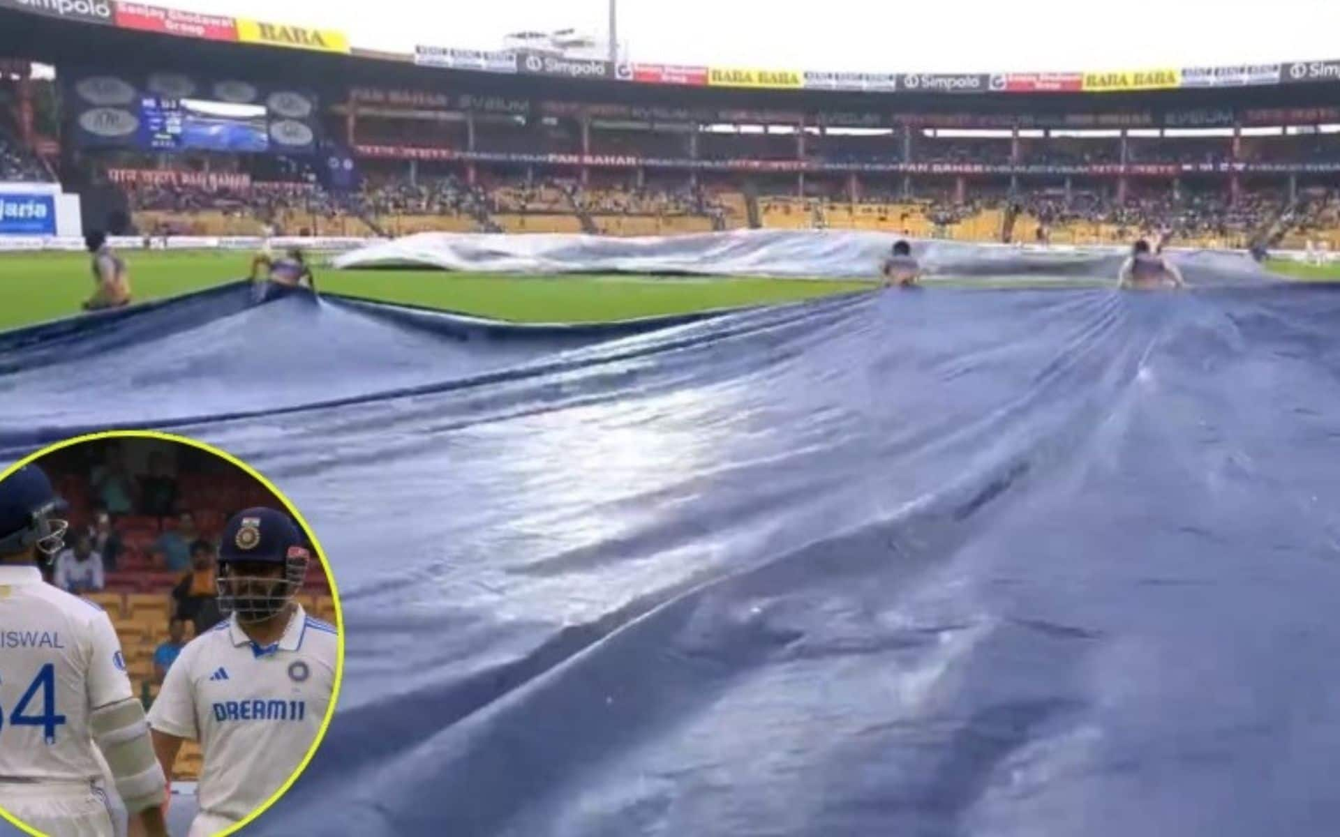 Rain has stopped play in Bengaluru (Source @onecricketapp/X.com)