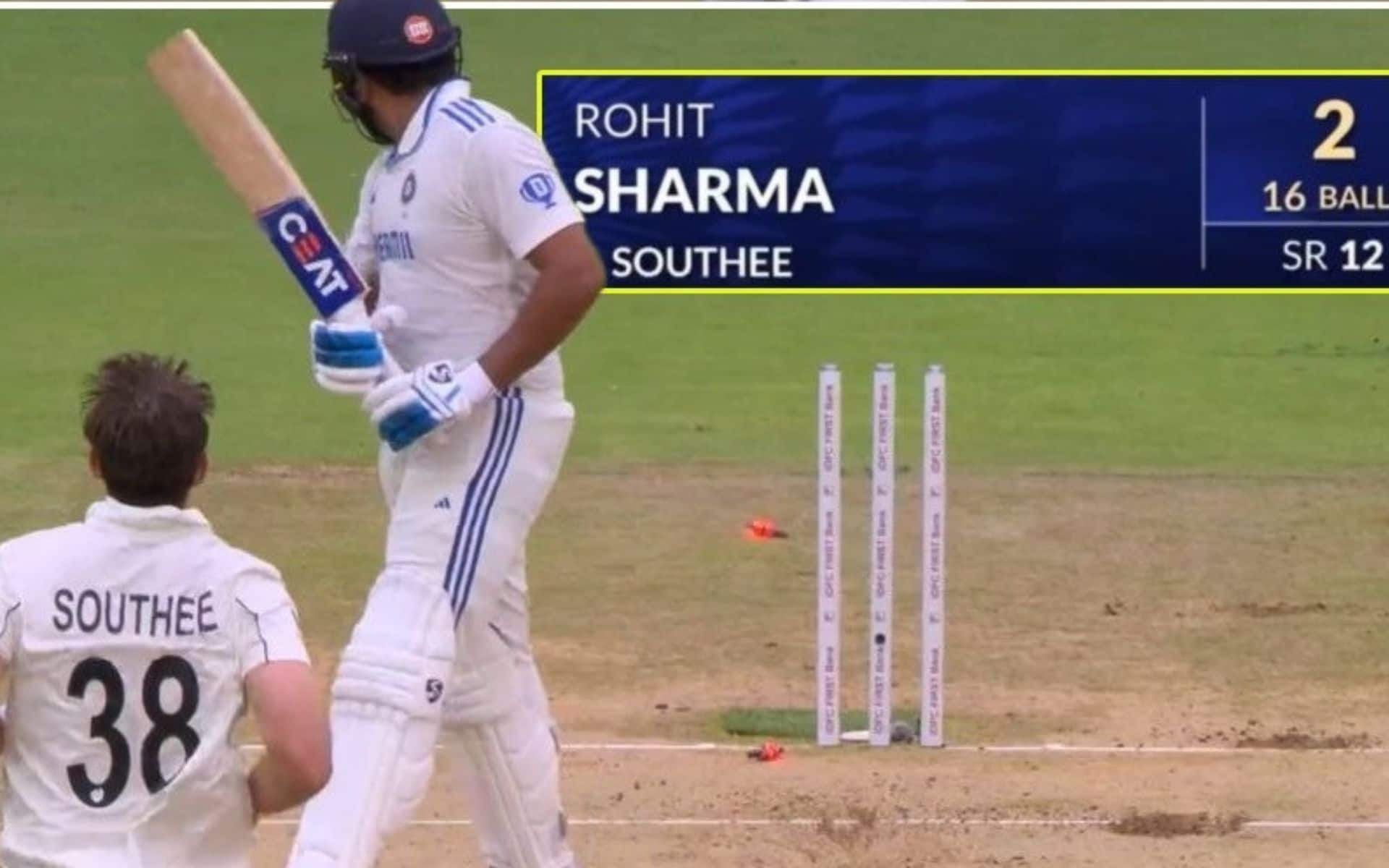 Tim Southee cleans up Rohit Sharma in 1st Test in Bengaluru (Source@OneCricketApp/X.com)