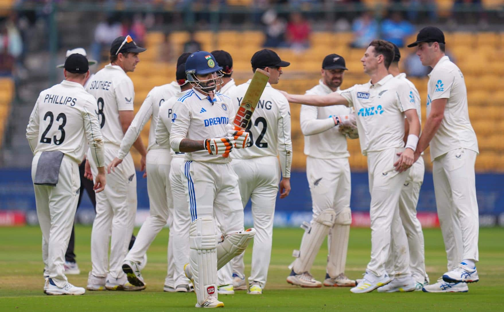 NZ celebrate Jadeja's wicket [Source: PTI]
