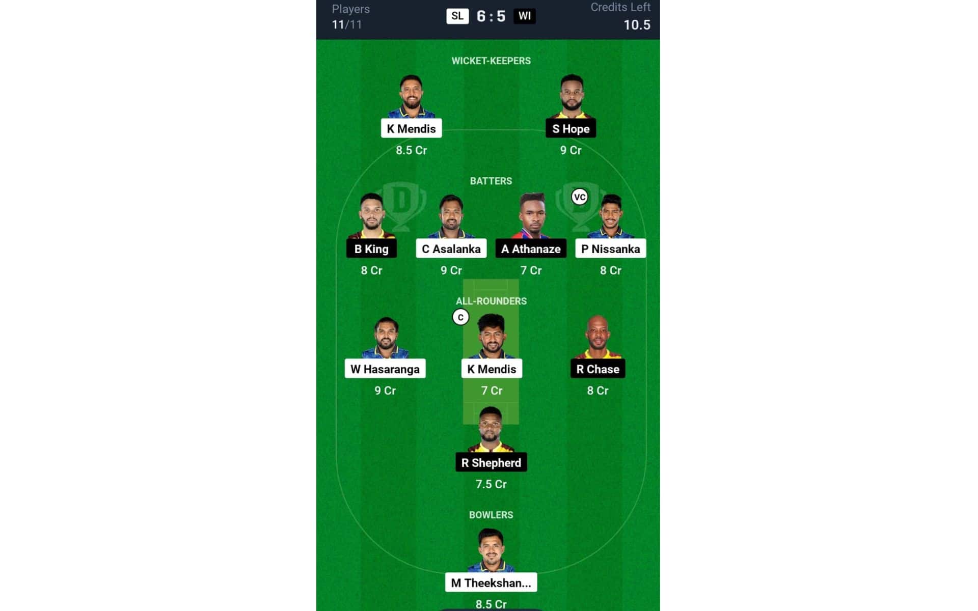 SL vs WI, 1st ODI: Dream11 Team 1 [Source: @Dream11 App]