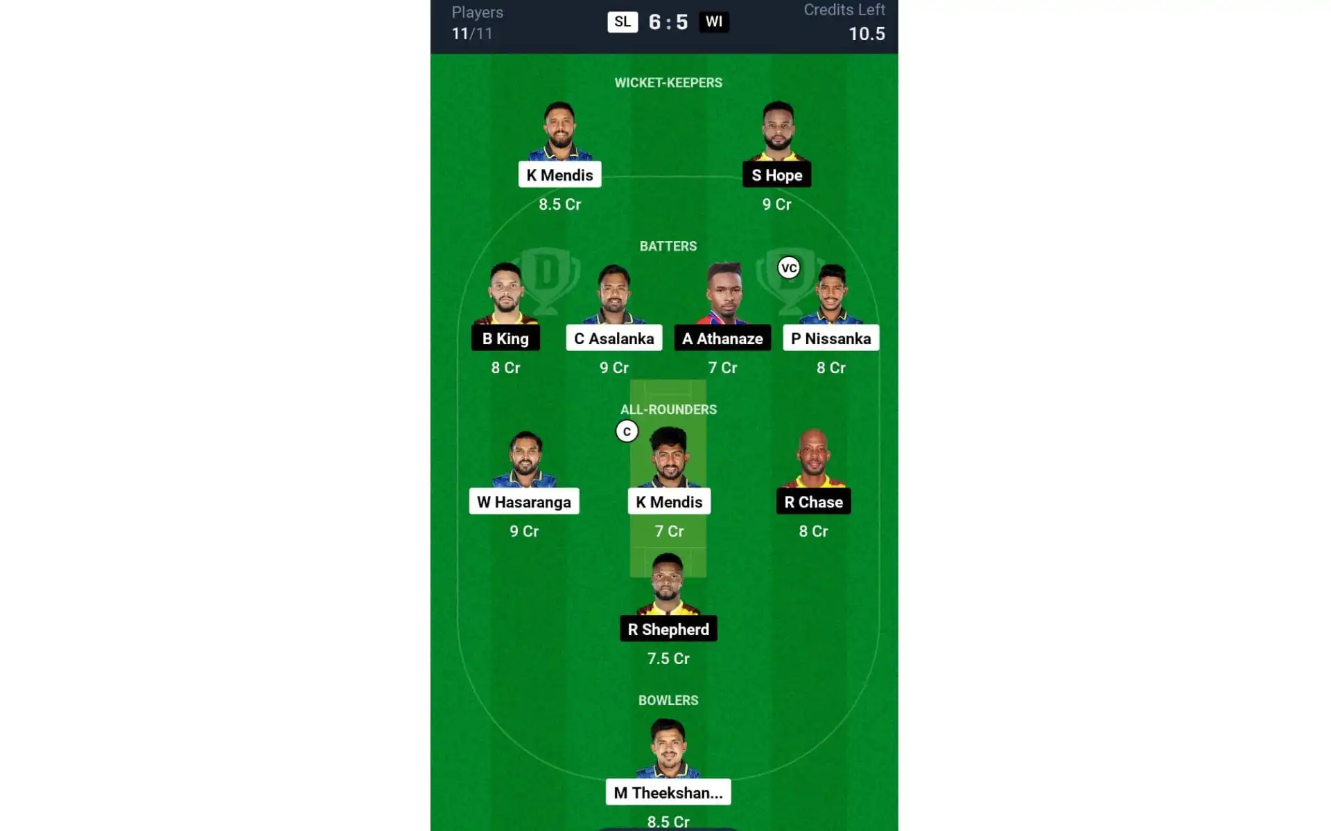 SL vs WI, 1st ODI: Dream11 Team 1 [Source: @Dream11 App]