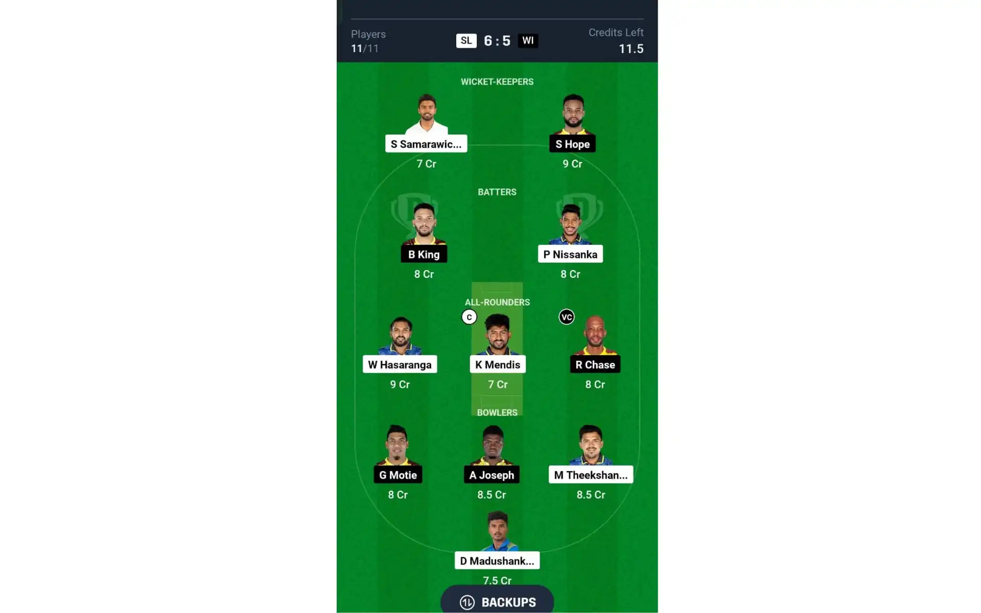 SL vs WI, 1st ODI: Dream11 Team 2 [Source: @Dream11 App]