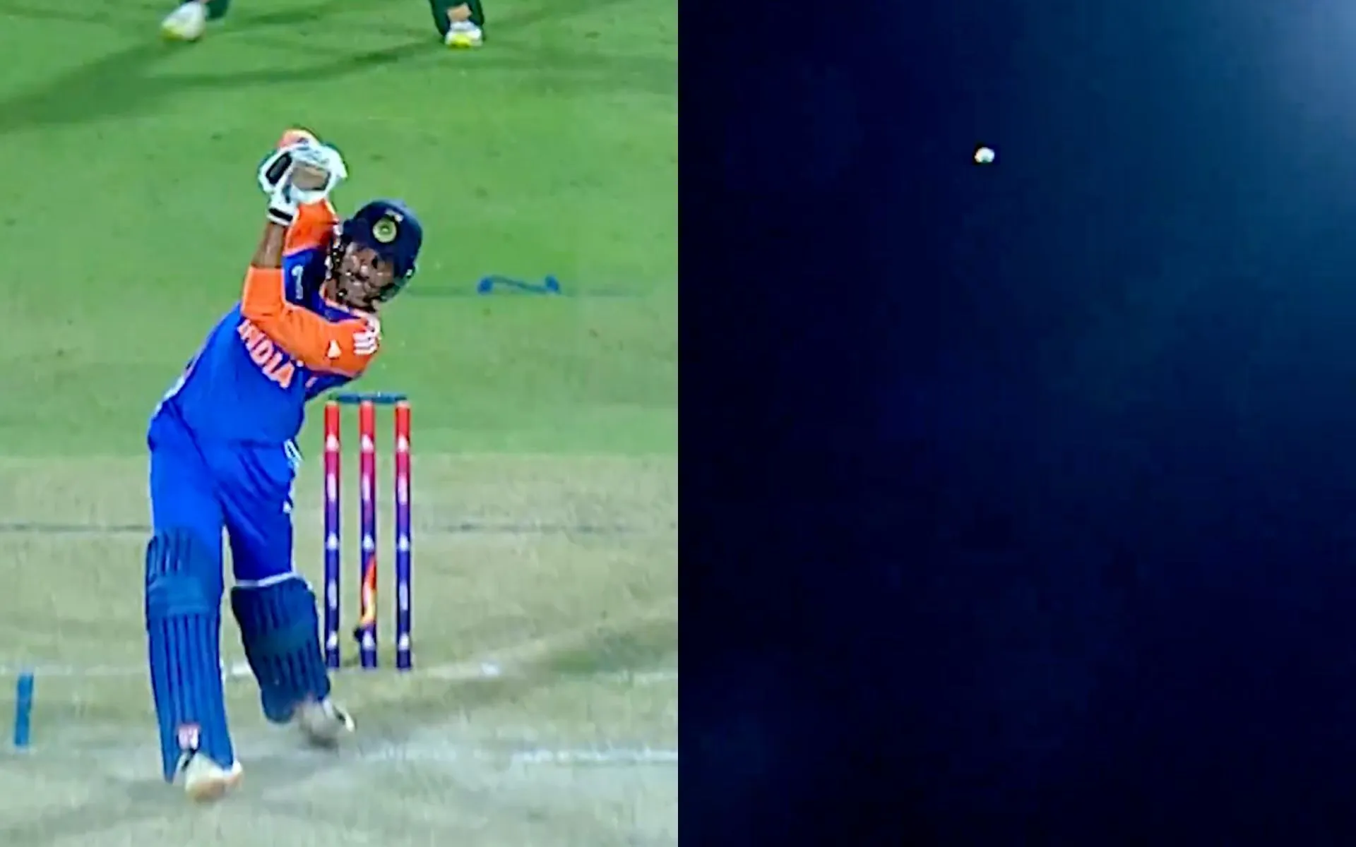 Tilak Varma played a brilliant shot against Mohammad Imran of Pakistan Shaheens [Source: Screen grab from @mufaddal_vohra/x.com]