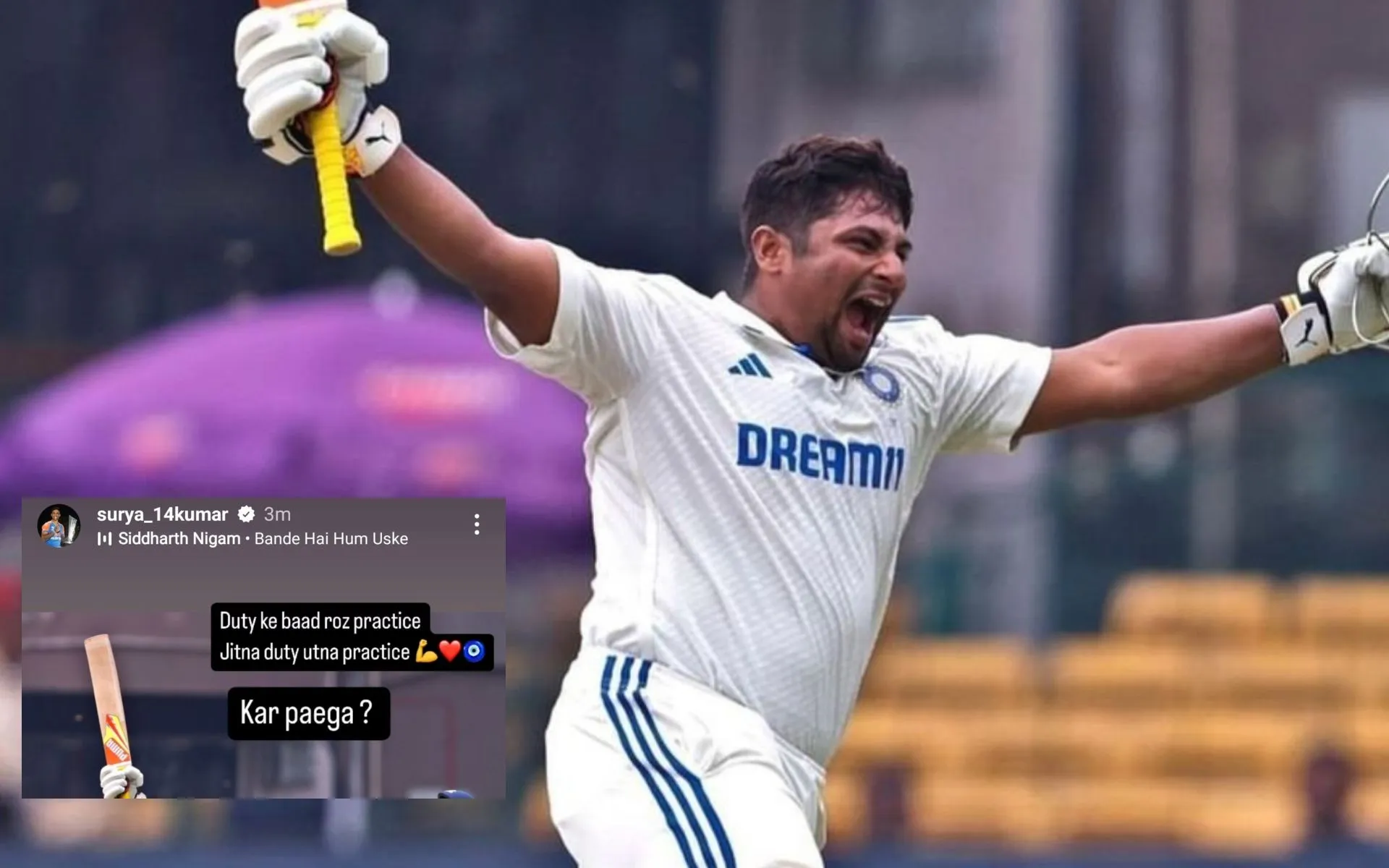 India's T20 skipper, Suryakumar heaped praises on Sarfaraz Khan (X.com/@muffadal_vohra)