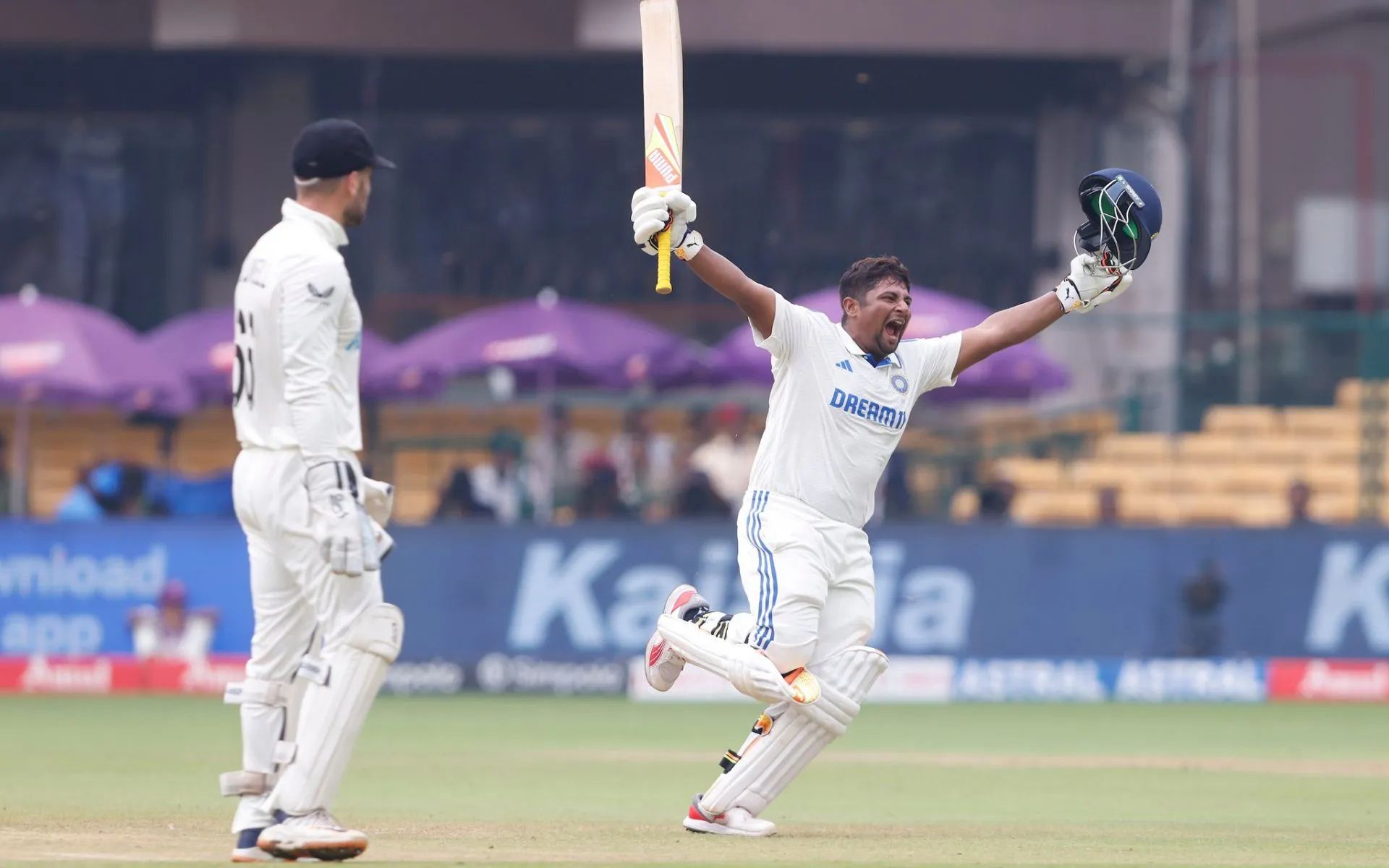Sarfaraz Khan after completing his century on day 4 Vs NZ (Source:@SPORTYVISHAL/x.com)