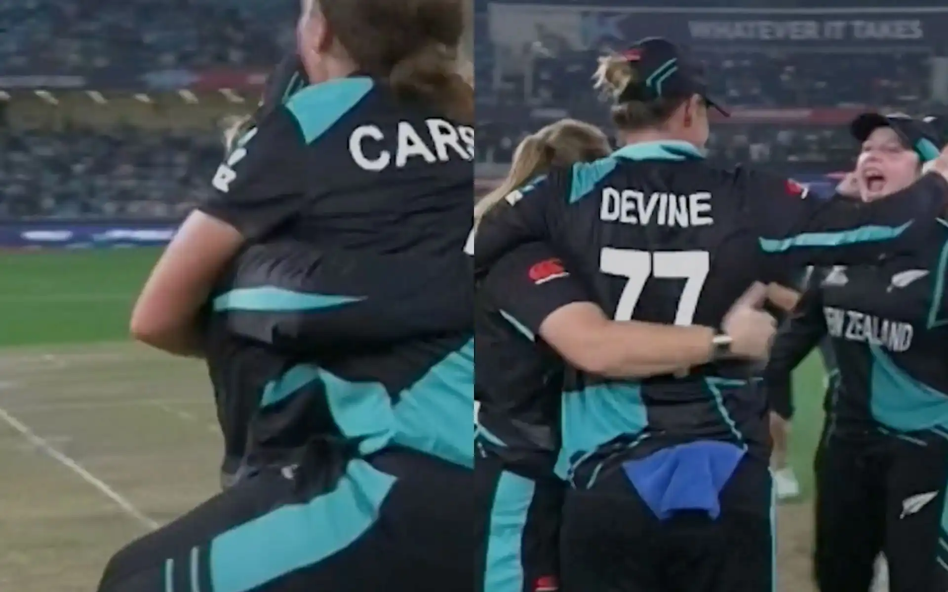 New Zealand women players celebrating after winning the Women's T20 World Cup 2024 [Source: Screen grab from @StarSportsIndia/x.com]