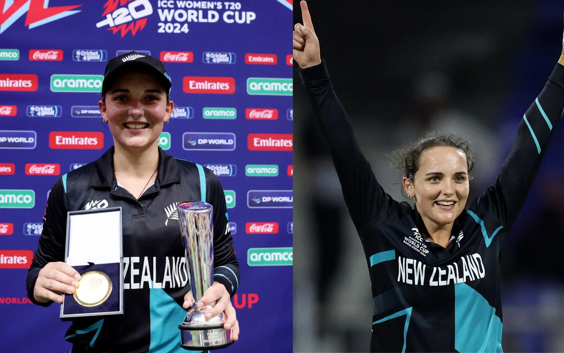 Amelia Kerr posing with her awards after NZ's WC victory (X.com/ESPNcricinfo)