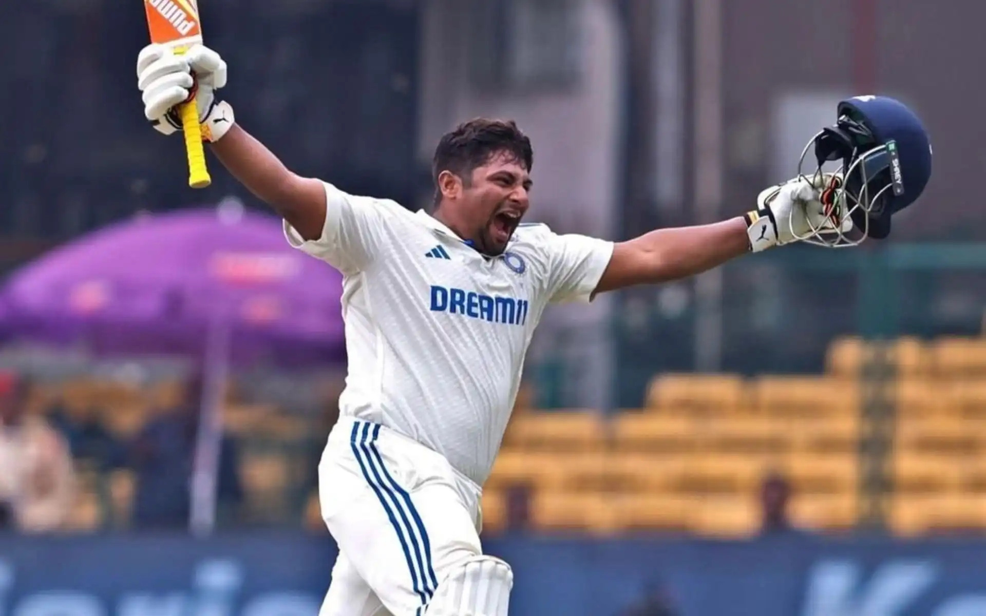 Sarfaraz Khan celebrating his century 4 vs NZ (Source:@sarfarazkhan977/x.com)