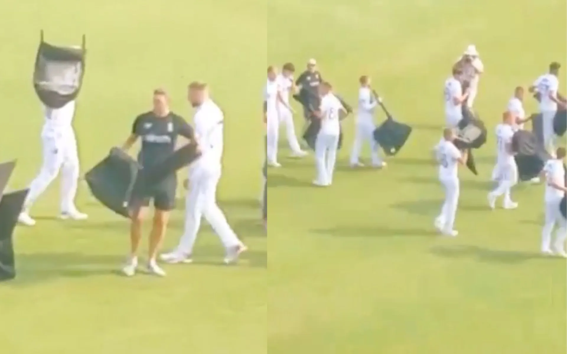 England players carrying chairs before 3rd Test vs PAK (Source:@ahtashamriaz22/X.com)