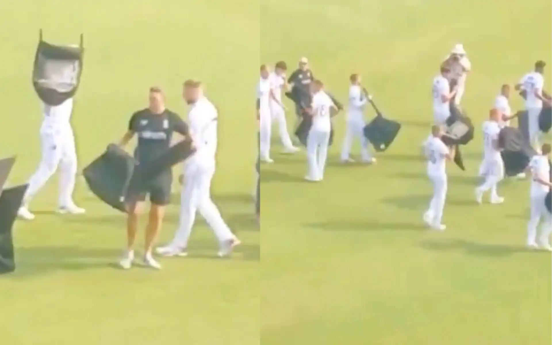 England players carrying chairs before 3rd Test vs PAK (Source:@ahtashamriaz22/X.com)