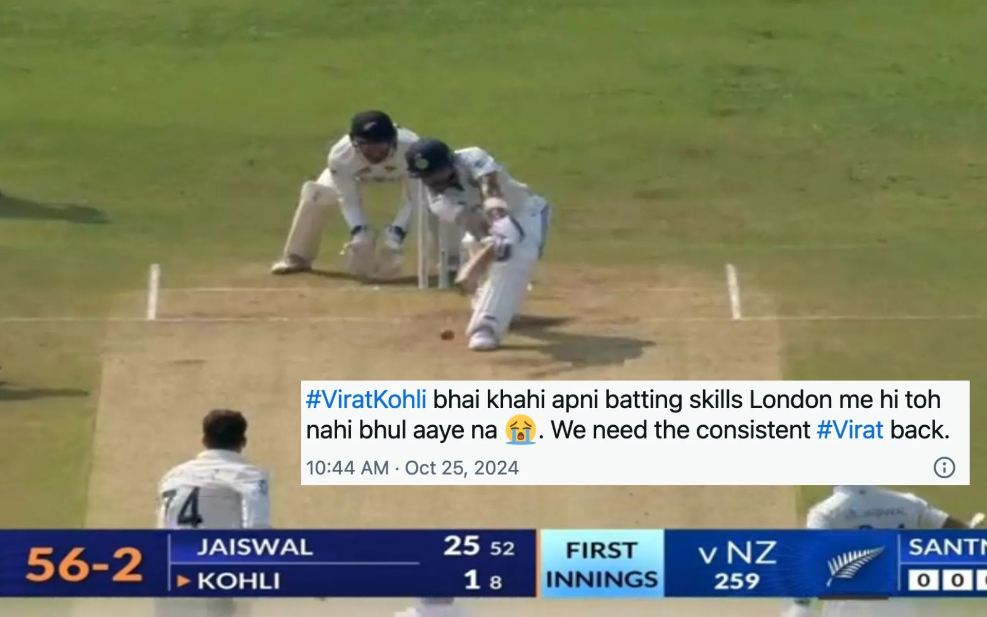 Virat Kohli departs for 1 in the second Test match (Source:@sayyedAbiha/x.com)