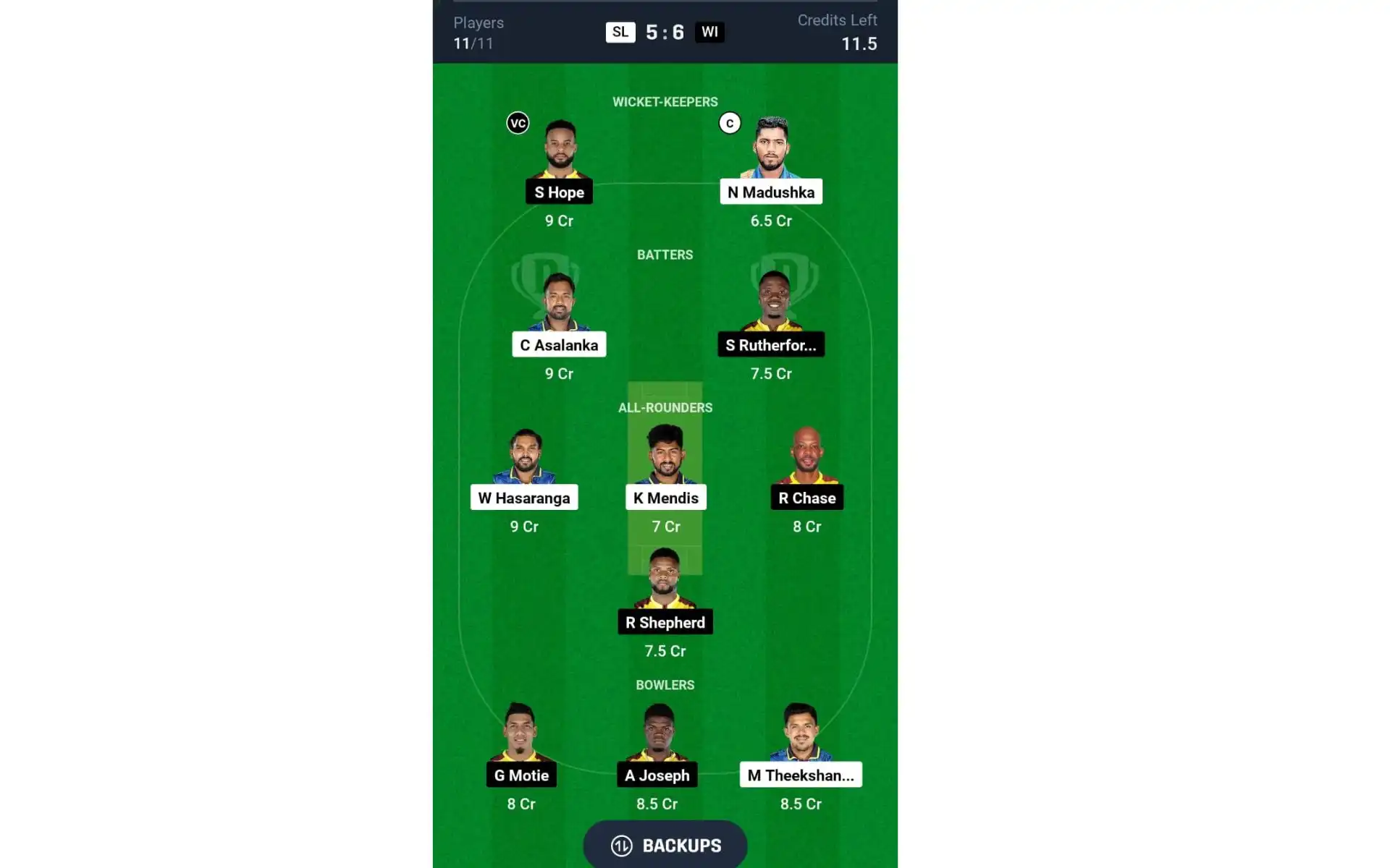 SL vs WI, 3rd ODI: Dream11 Team 1 [Source: @Dream11 App]