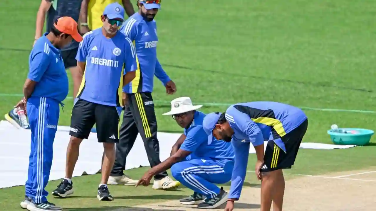 Gautam Gambhir and Rohit Sharma inspect the pitch. [Source: @CricCrazyJohns/X]