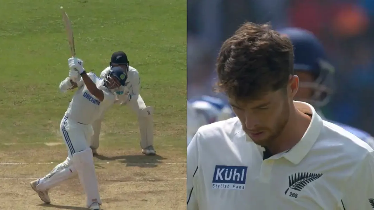 Yashasvi Jaiswal smacks Mitchell Santner. [Source: @JioCinema/X]