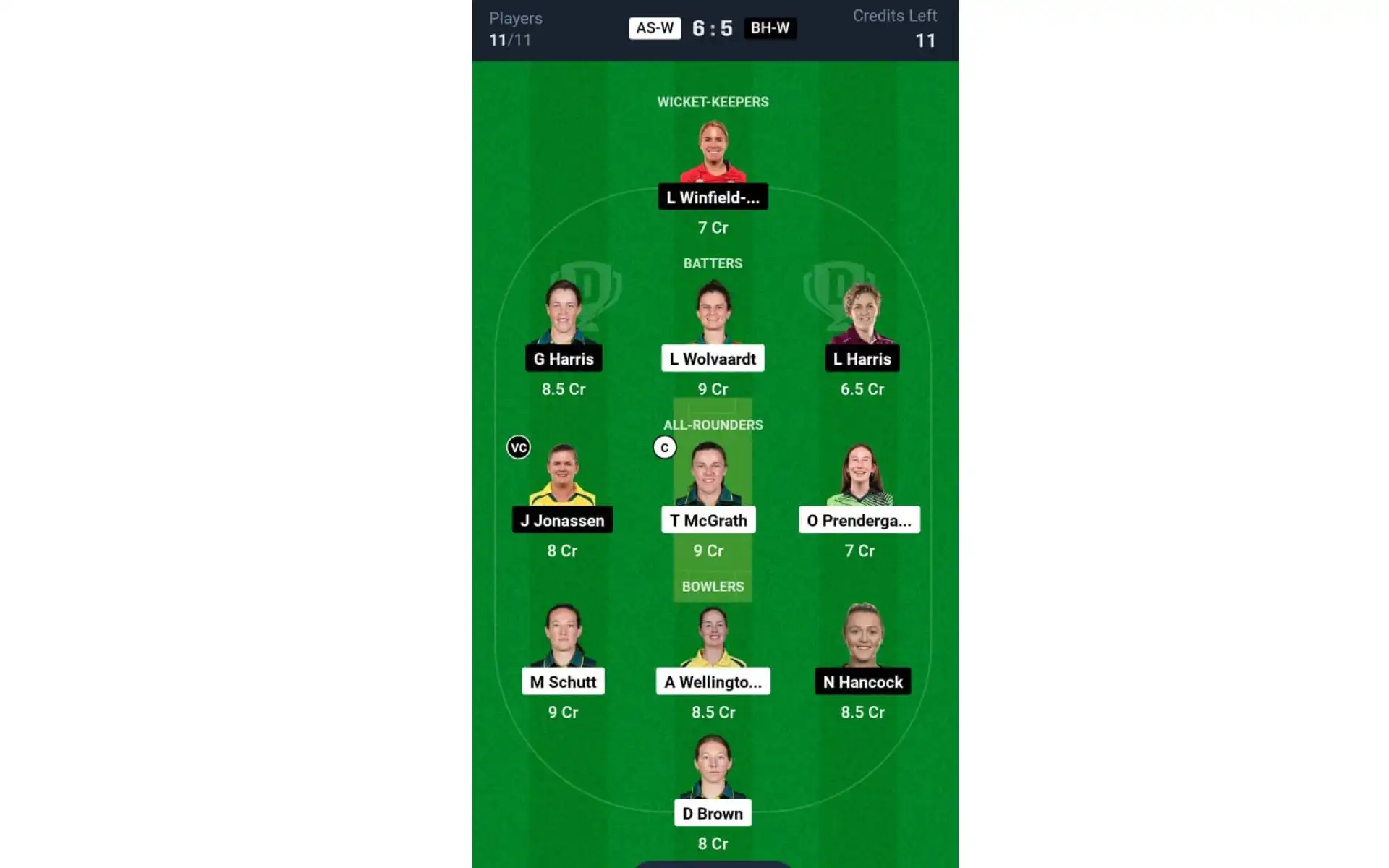 AS-W vs BH-W, WBBL 10: Dream11 Team 1 [Source: @Dream11 App]
