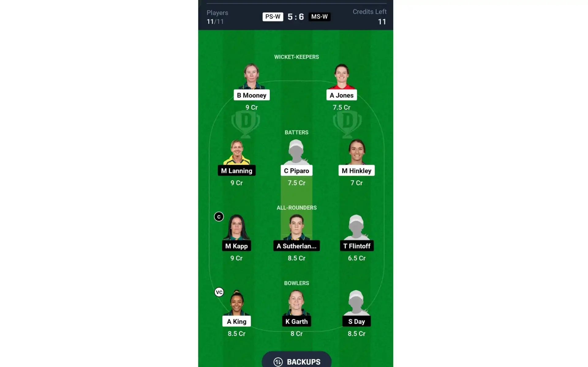 PS-W vs SS-W, WBBL 10: Dream11 Team 1 [Source: @Dream11 App]