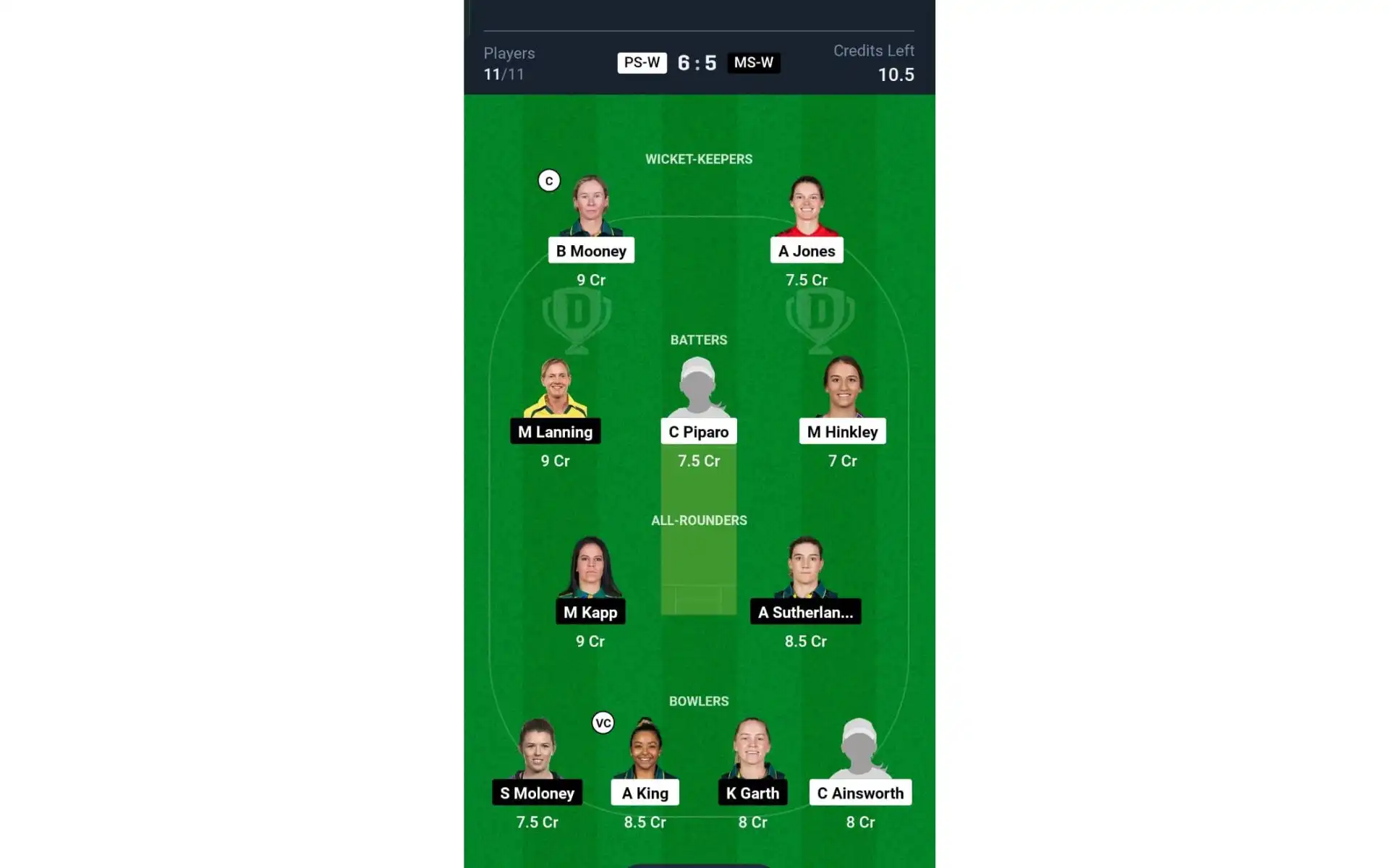 PS-W vs SS-W, WBBL 10: Dream11 Team 1 [Source: @Dream11 App]