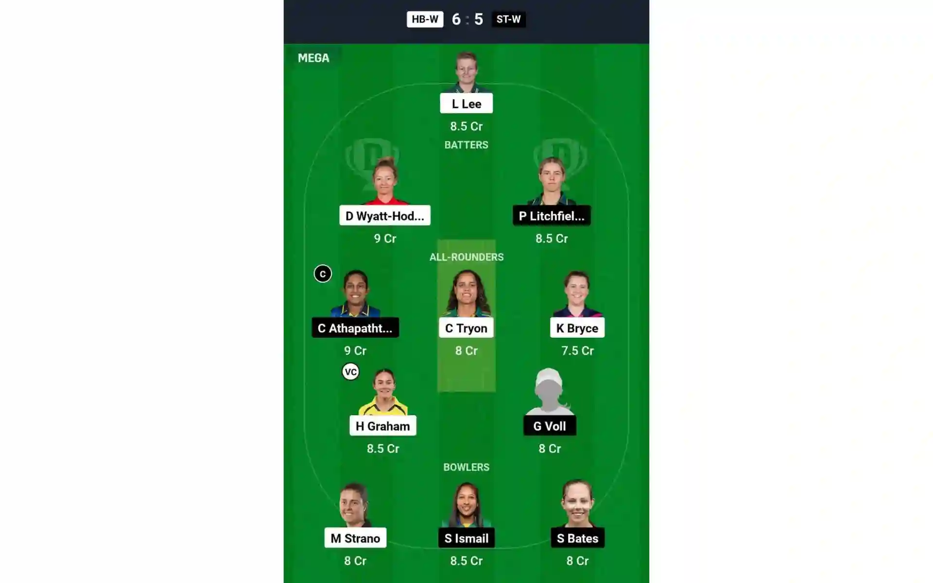 HB-W vs ST-W, WBBL 10: Dream11 Team 1 [Source: @Dream11 App]