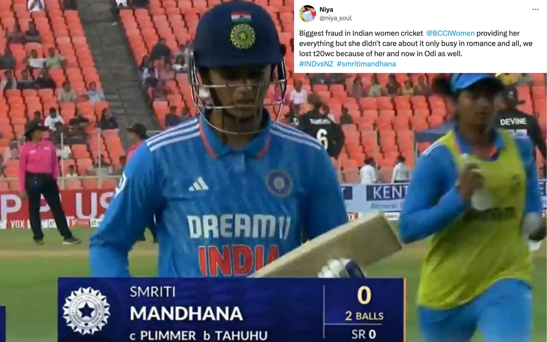 Smriti Mandhana was out for a duck vs NZ [Source: @niyasoul/x]