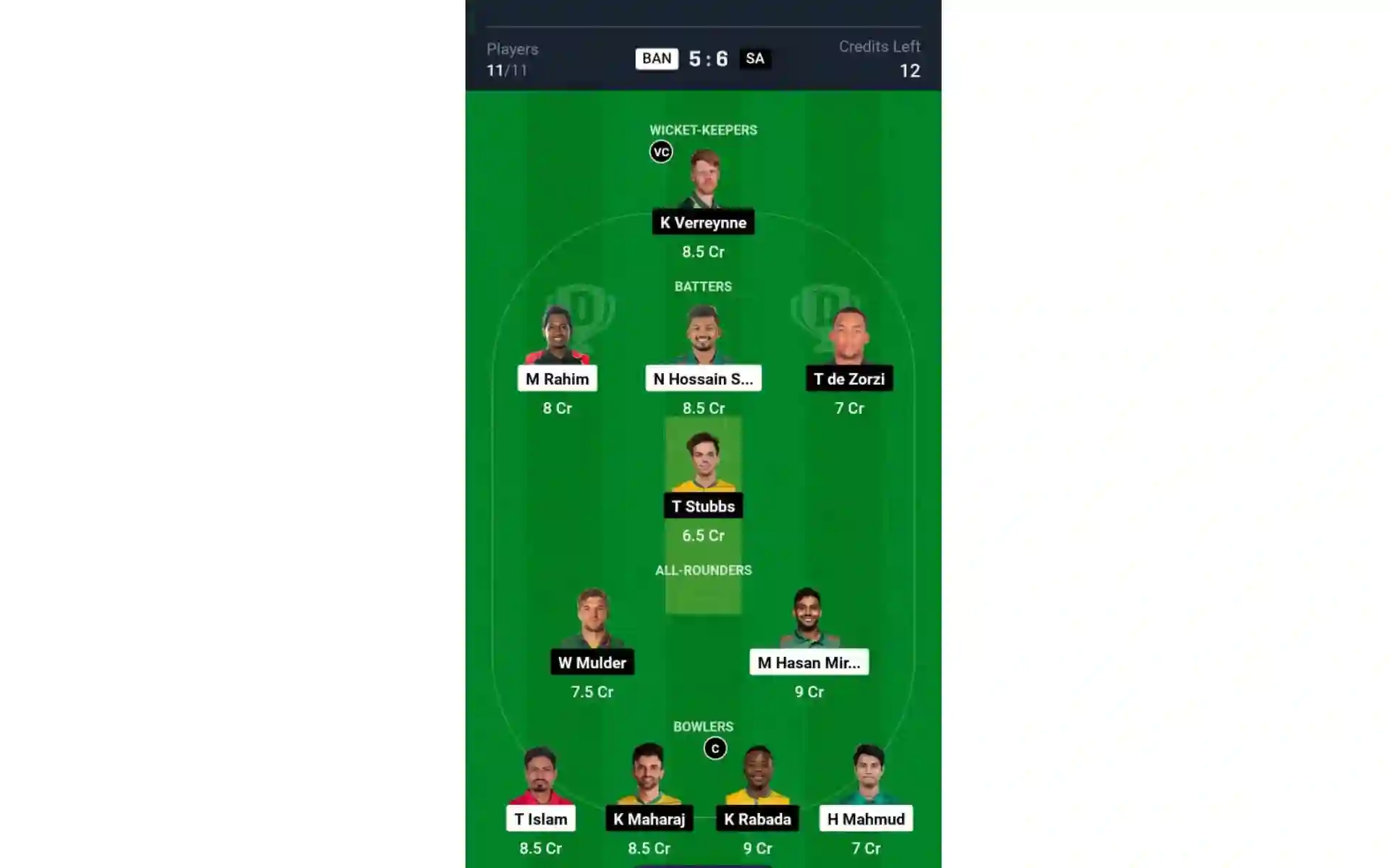 BAN vs SA, 2nd Test: Dream11 Team 1 [Source: @Dream11 App]