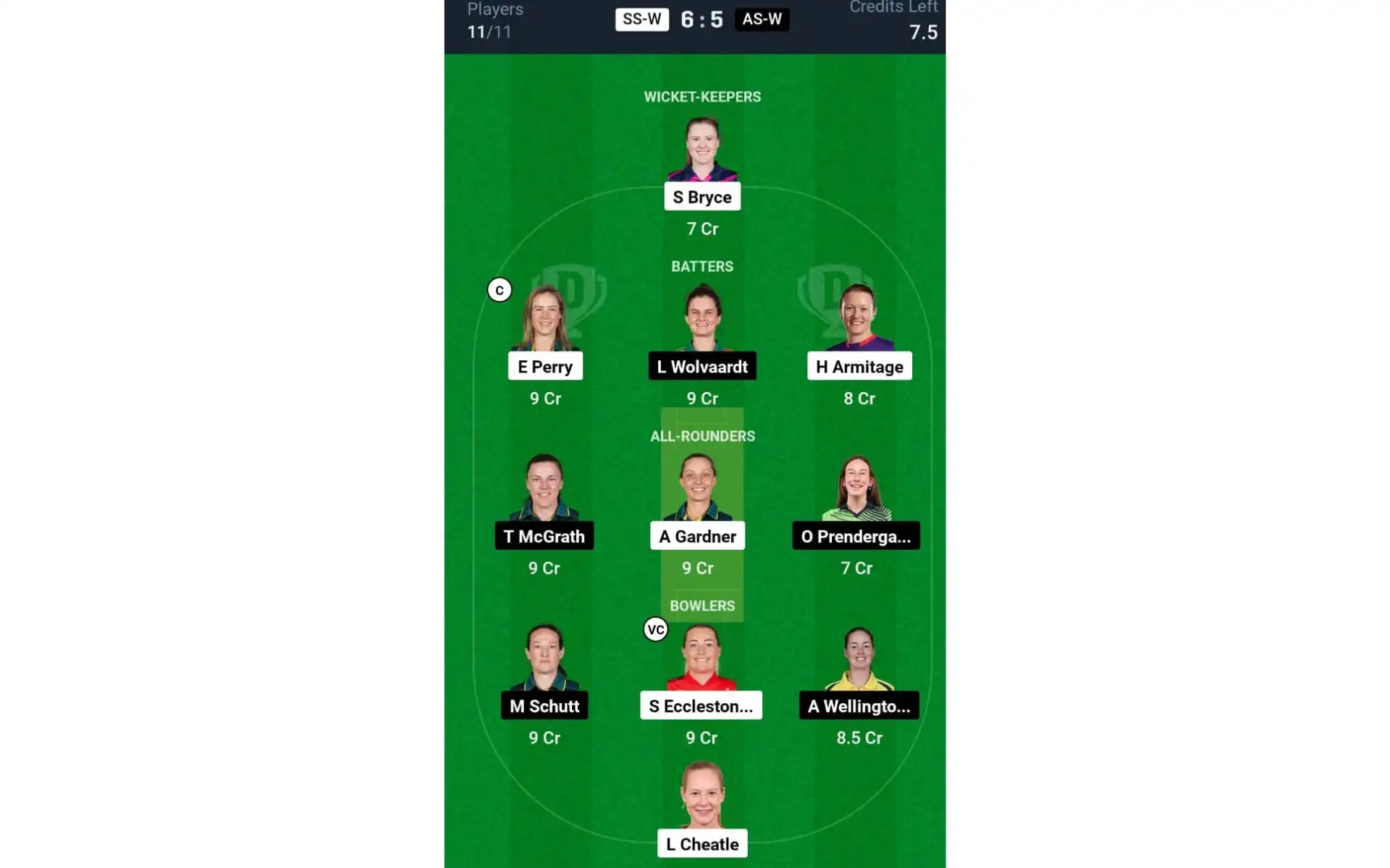 SS-W vs AS-W, WBBL 10: Dream11 Team 1 [Source: @Dream11 App]
