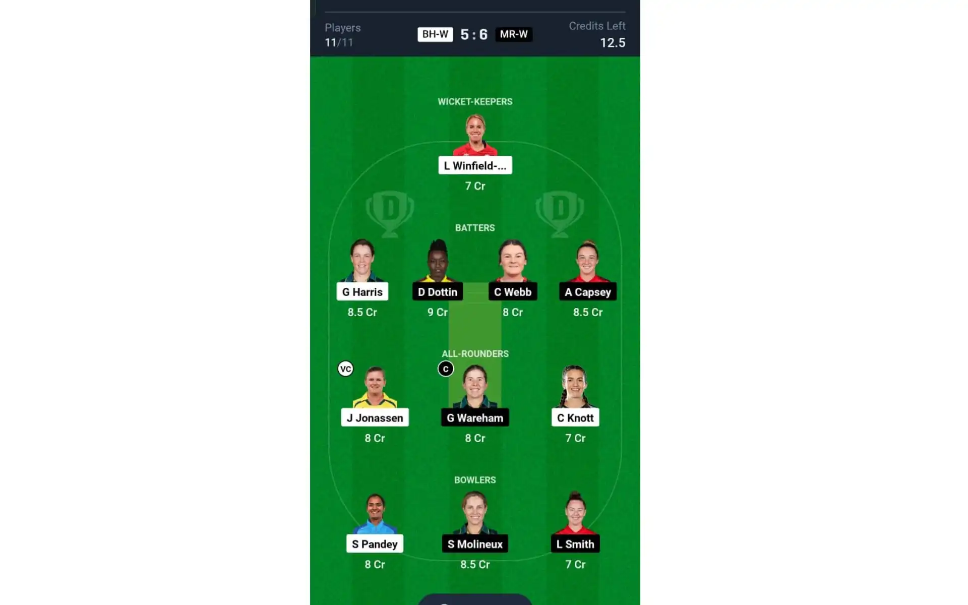 BH-W vs MR-W, WBBL 10: Dream11 Team 1 [Source: @Dream11 App]