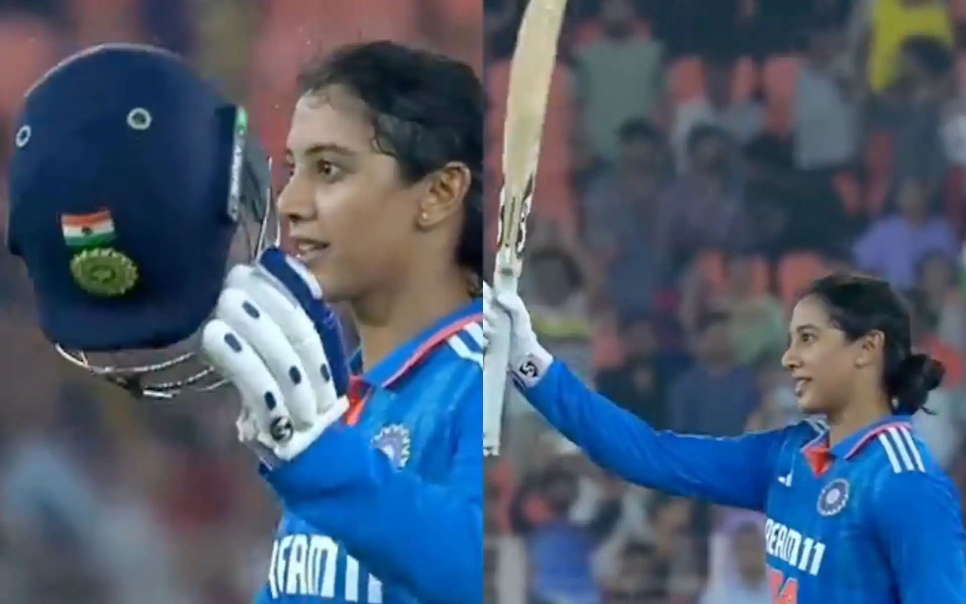 Smriti Mandhana after scoring her 8th ODI 100 vs New Zealand [Source: Screen grab from @JioCinema/x.com]