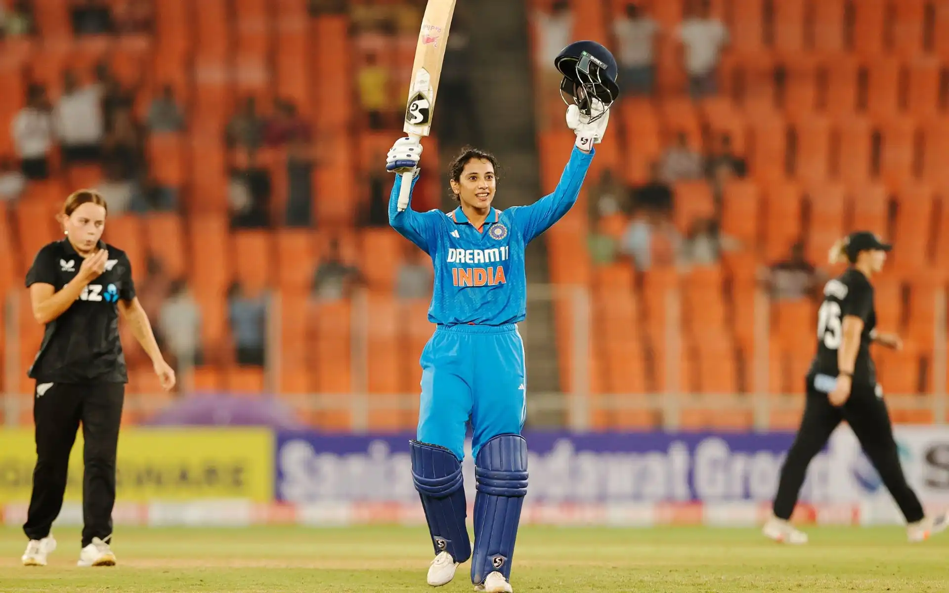 Smriti Mandhana celebrates her eighth ODI century. [Source: BCCI/X]