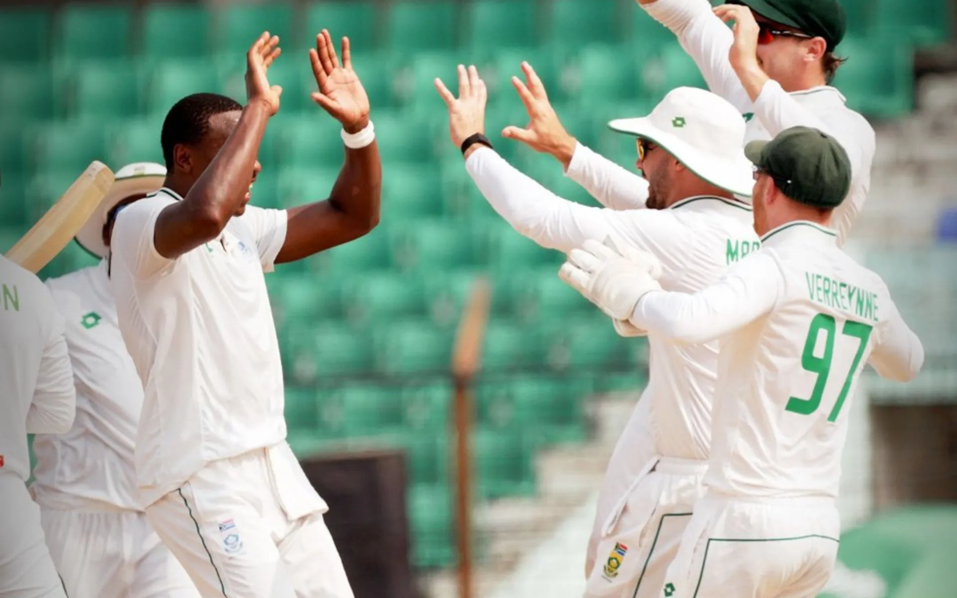 South African bowlers celebrating a Bangladeshi wicket on Day 3 [Source: @ProteasMenCSA/x]