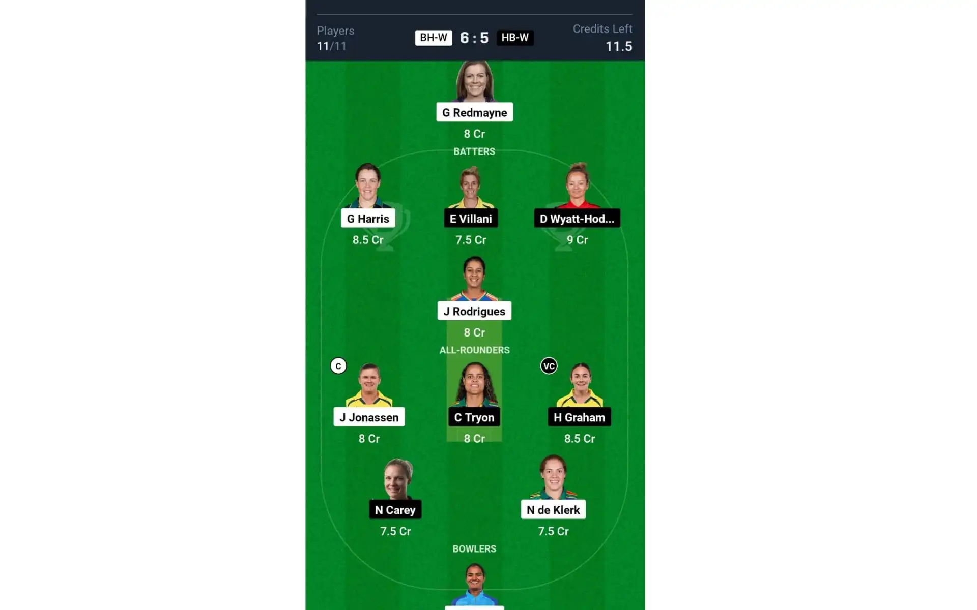 BH-W vs HB-W, WBBL 10: Dream11 Team 1 [Source: @Dream11 App]